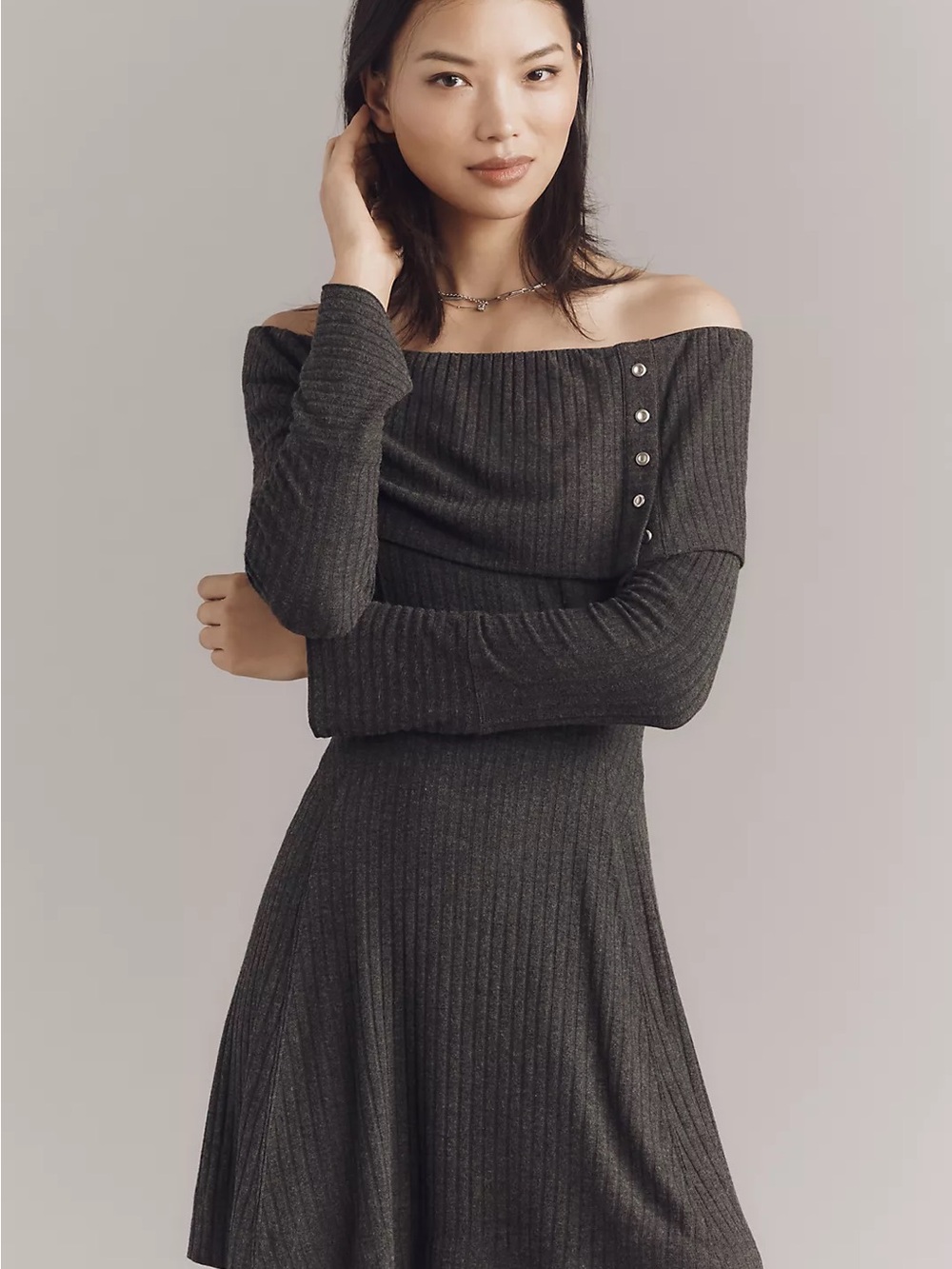 Anthropologie Charcoal Gray Off-Shoulder Ribbed Mini Sweater Dress